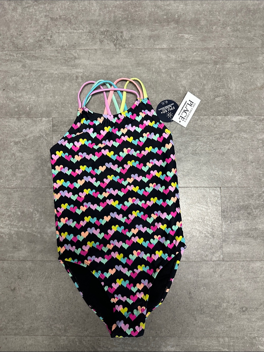 The Children's Place Black One-Piece Swimsuit with Multicolor Hearts